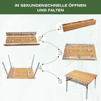 Bamboo Folding Camping Table 4 Folds with Adjustable Aluminum Legs Portable Picnic Table with Storage and Carry Bag for Outdoor Hiking Beach 3-5 Person