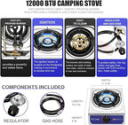 12000 BTU Single Auto Ignition Camping Garden Outdoor Camp Garden Hiking Fishing Propane Stove Cooker Griddle, Include CSA listed regulator and gas hose