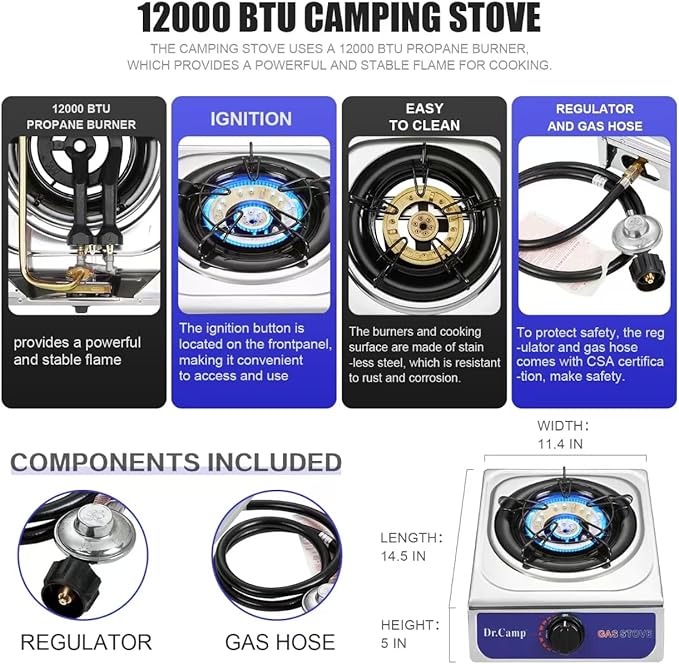 12000 BTU Single Auto Ignition Camping Garden Outdoor Camp Garden Hiking Fishing Propane Stove Cooker Griddle, Include CSA listed regulator and gas hose