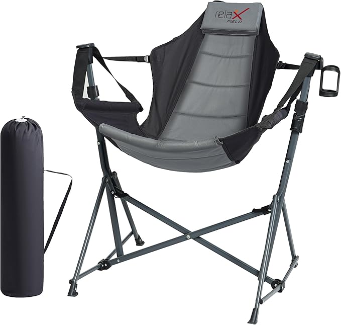 Hammock Camping Chair, 3 Heights Swinging Chair with Adjustable Backrest, Folding Rocking Chair with Head Pillow&Cup Holder, Outdoor Chairs for Camping and Hiking, Supports 350lbs, Black