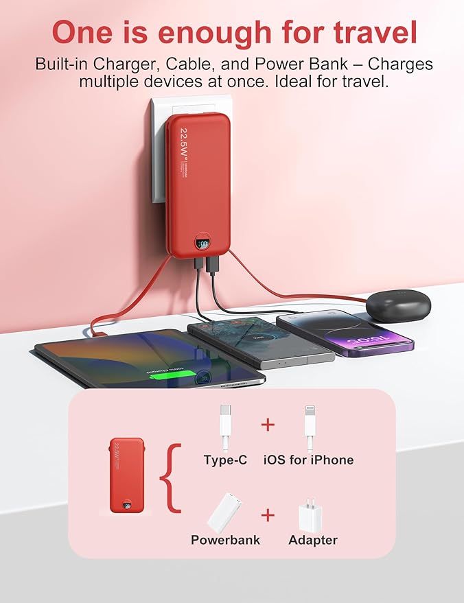 Portable Charger Power Bank, 12000mAh 22.5W USB C Charger Fast Charging with Built-in Cables & Wall Plug, 5-in-1 Battery Pack with LED Display, Ultimate Travel Essential for iPhone, iPad, Samsung Red
