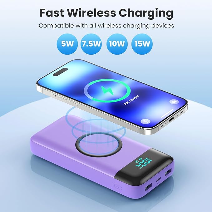 Wireless Portable Charger 40800mAh for iPhone with 3 Built-in Cables,7-in-1 15W Wireless Charging USB C Power Bank,LCD Display 25W PD QC 4.0 Fast Charging Battery Pack for iPhone 16/15/14/13 -Purple