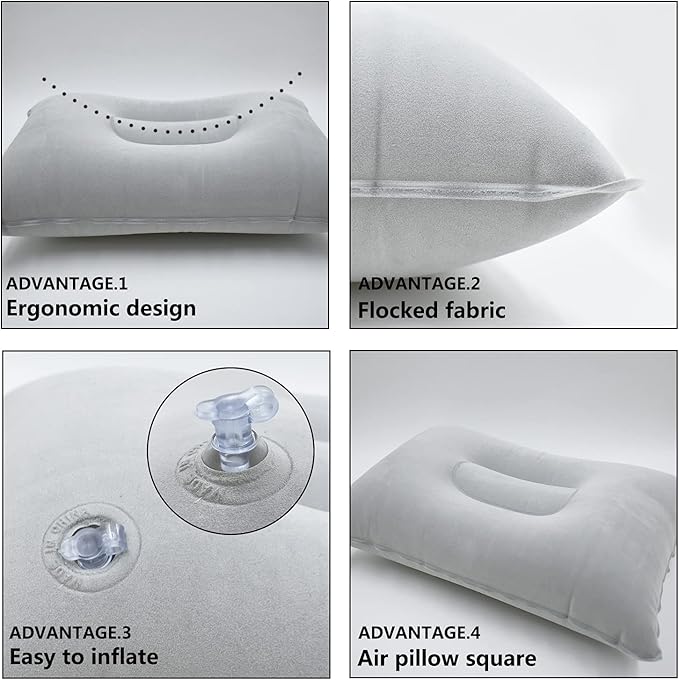4 Pcs Grey Ultralight Inflatable Pillow Small Squared Flocked Fabric Air Pillow for Beach,Hiking,Camping,Traveling,Napping,Desk Rest,Neck &Lumbar Support