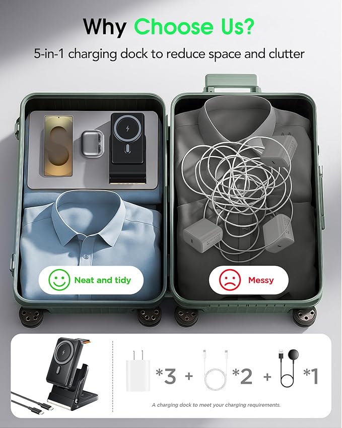 Foldable Charging Station for Samsung,5 in 1 Magnetic Wireless Charger 10000mAh Detachable Portable Power Bank Nightstand Compatible for Galaxy S25 Edge/Z Fold/Flip 7/S25/S24/S23,Galaxy Watch8,Bud