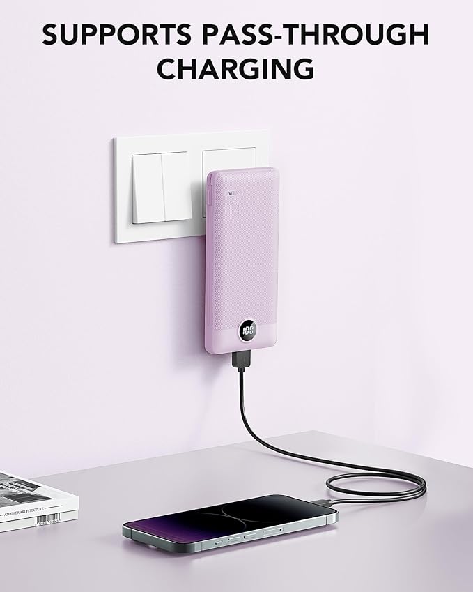 VRURC Portable Charger Built-in Cables and AC Wall Plug, USB C Power Bank 10000mAh, Travel Essentials Phone Charger Compact Lightweight External Battery Pack for Smart Phones, Tablets etc-Purple