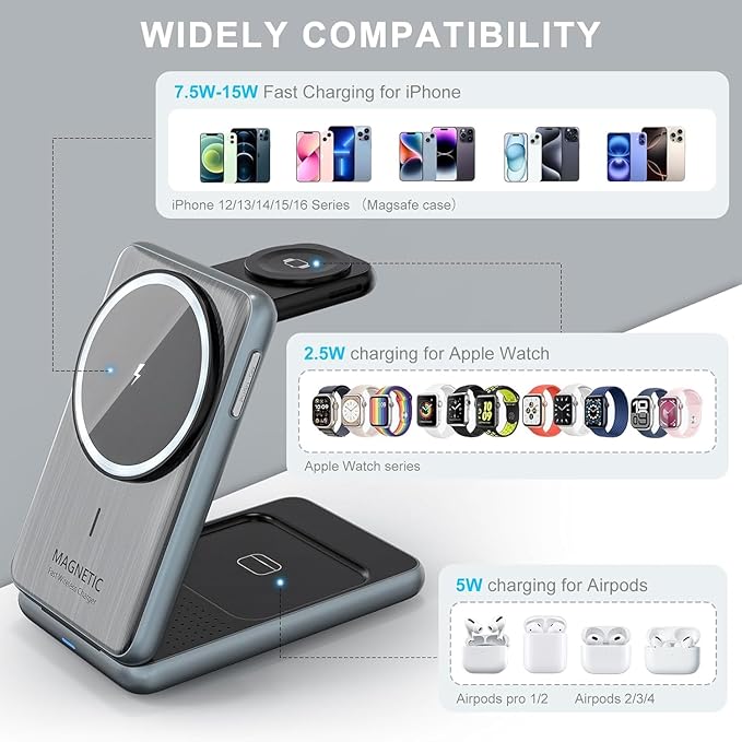 Wireless Charging Station,3 in 1 Charging Stand Made for Apple Watch Ultra 10 9 8 7 6 SE 5 4 3,Fast Wireless Charger Made for iPhone 17/Air/16/15/14/13/12/11/X,for AirPods Pro