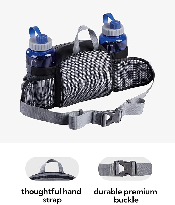 WATERFLY Fanny Pack Waist Bag: Fannie Pack 2 Water Bottle Holders Lumbar Belt Hiking Walking Running Jogging Camping Large Woman Man (Bottle Not Included)