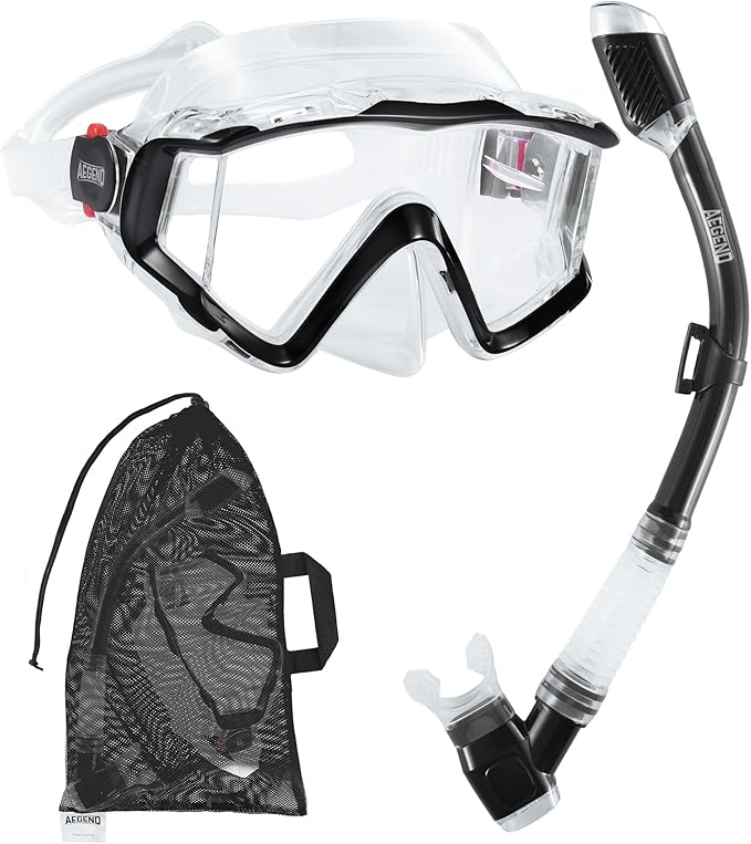 Aegend Snorkeling Gear for Adults Youth Kids, Snorkel Mask with Top Dry Valve - Panoramic View Anti-Leak and Anti-Fog with Mesh Bag for Snorkeling, Scuba Diving, Freediving & Swimming