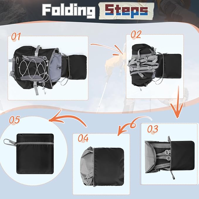 RAINSMORE Foldable Hiking Backpack for Women Men Packable Camping Backpack 40L Waterproof Hiking Daypack Bag Lightweight Collapsible Daypack for Travel Trekking Mountaineering Large Capacity Black