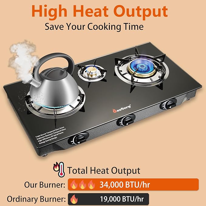 Propane Stove 3 Burner Gas Stove, 34000 BTU High-Efficiency Auto Ignition Tempered Glass LPG Cooktop with CSA Regulator and Hose – for Outdoor Camping, RV, and Emergency Cooking