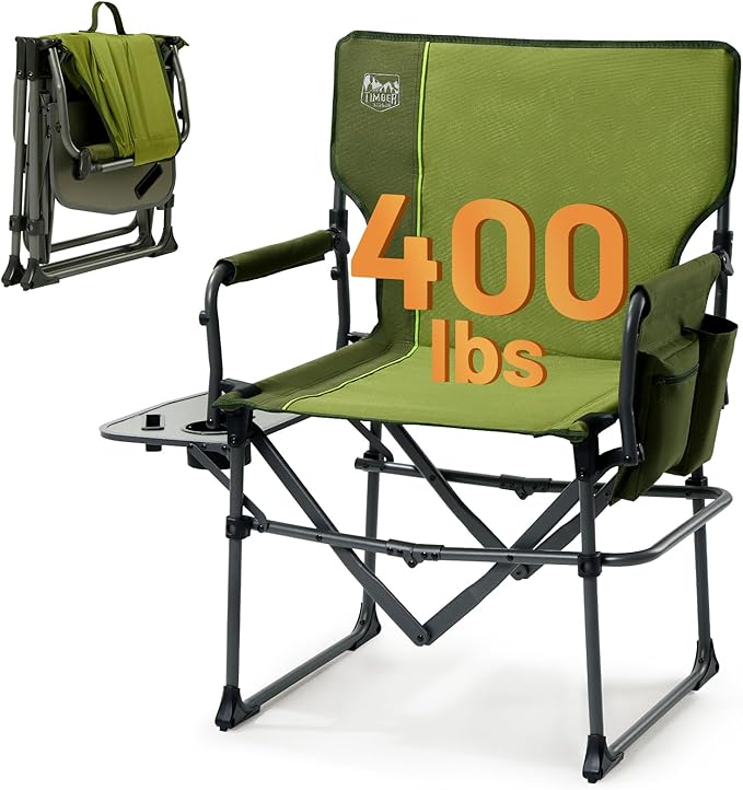 Timber Ridge Aluminum Camping Directors Chair with Side Table Pocket, Portable Folding Chair, Heavy Duty Lawn Chair for Fishing Trip Picnic Concert Outdoor 400lbs, Green