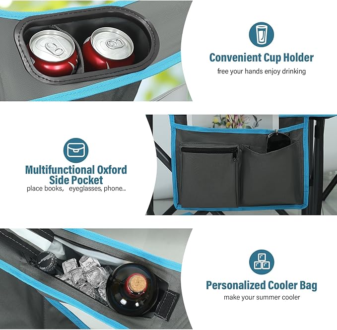 Oversized High-Back Camping Chairs with Pillow, Dual Cup Holders & Cooler Bag - Heavy Duty Foldable Outdoor Chair for Adults4PC (1, BLUEGREY-3PC -Set)
