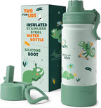 Bentoheaven Kids Water Bottle Stainless Steel for Boys & Girls, 2 Lids (Chug & Straw), Handle & Silicone Boot, Reusable Metal Leak-proof Insulated Tumbler, School & Sports 17oz (Green)