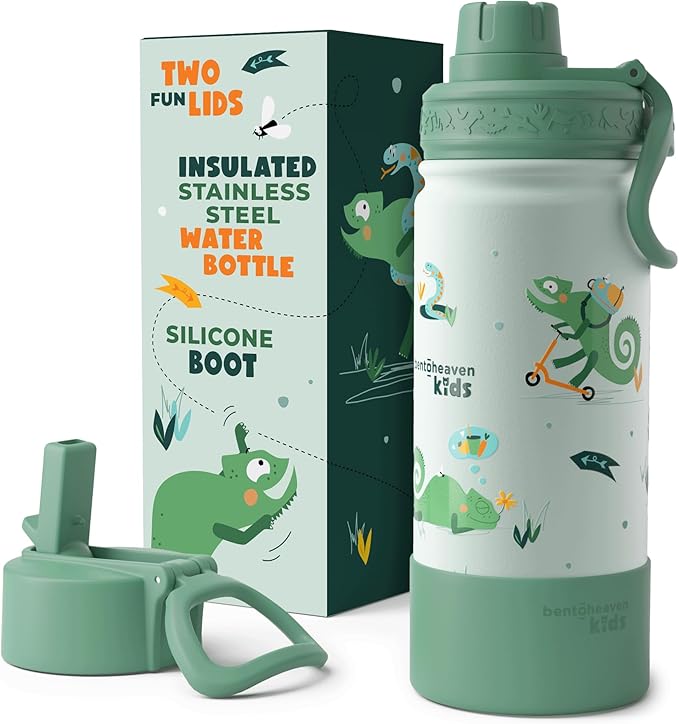 Bentoheaven Kids Water Bottle Stainless Steel for Boys & Girls, 2 Lids (Chug & Straw), Handle & Silicone Boot, Reusable Metal Leak-proof Insulated Tumbler, School & Sports 17oz (Green)