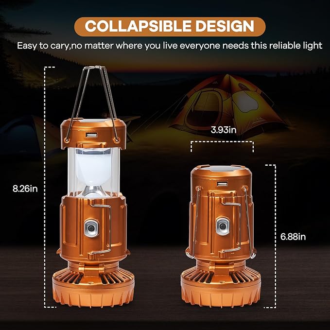 Camping Lanterns with Fan,Solar Camping Fan Charging for Phone, Rechargeable LED Lanterns Camping Fans for Tents Power Outage Hurricanes Camping Gear(Gold)