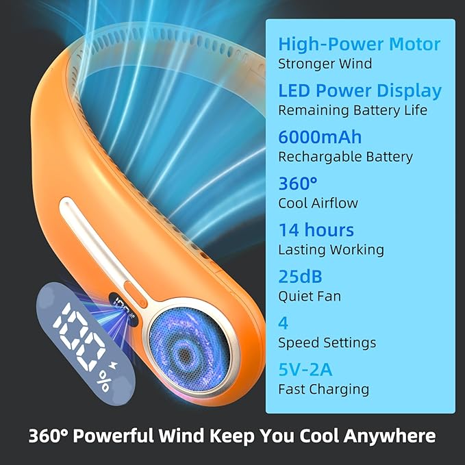 Portable Neck Fan,Hands Free Personal Wearable Bladeless Fan,6000mAh USB Rechargeable,360° Cooling,LED Display,4-Speeds,Birthday Gifts for Men Women Dad Mom,Outdoor Indoor Travel Camping (Orange)