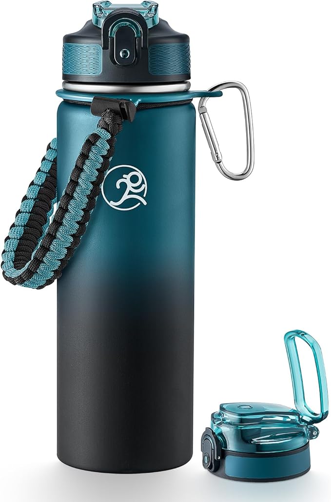 GOSWAG Insulated Sports Water Bottle, 24oz 2 Lids(with Straw/No Straw), Stainless Steel Water Bottles with Paracord Handle, Insulated Bottle with Double-Wall Vacuum Insulation
