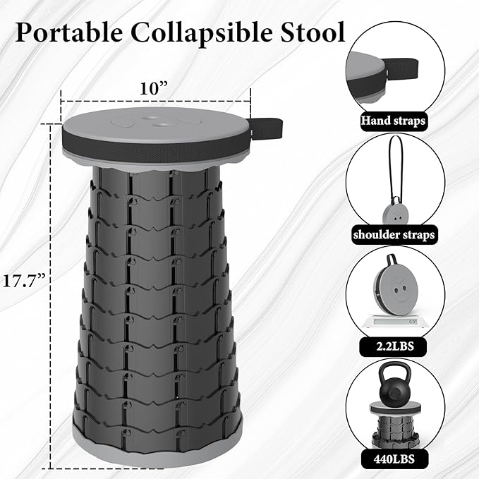 2025 Upgraded Portable Folding Stool, Collapsible Stools, 440lbs Max Weight, Lightweight But Sturdy, Telescoping Foldable Camping Stool for Outdoor Fishing Hiking Travel BBQ