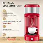 Single Serve Coffee Maker, 2 in 1 Brewer for K Pod & Ground Coffee, 90s Rapid Brew 6 to 14oz Capacities with Auto Shut Off, Small Compact Design for Home Office Travel Camping (Red)