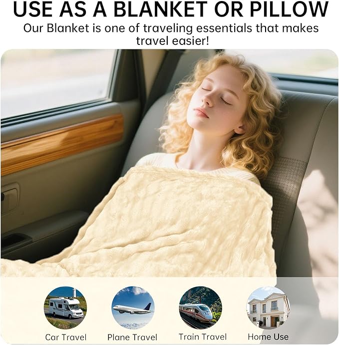 Travel Blanket and Pillow-2-in-1, Ultra-Soft&Compact, One-Piece Airplane Blanket with Hand Luggage Belt and Backpack Clip,Travelers Accessories Gifts, 61x43 Inches(White)
