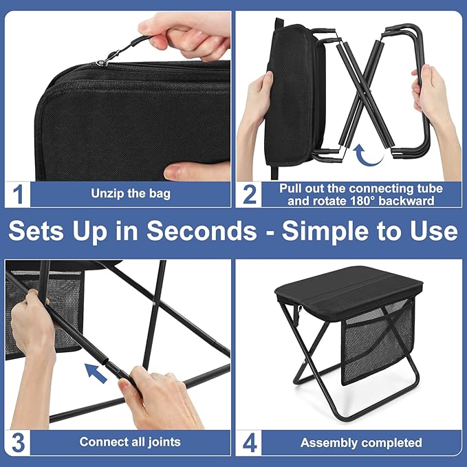 Portable Folding Camp Stool with Side Pocket, Lightweight Foldable Camping Stool for Adults, Backpacking Travel Fishing Stool Mini Chair, Compact Folding Seat with Storage Bag