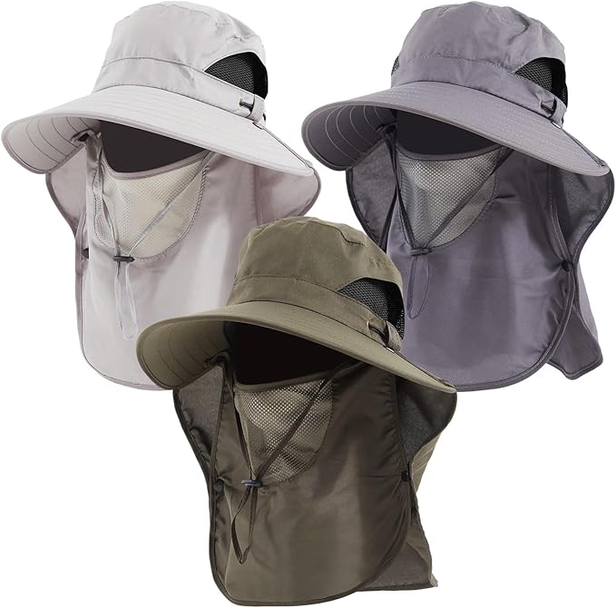 Cuffbow 3 Pcs Sun Hat for Men Women with Neck Flap Breathable Wide Brim Bucket Hat UV Protection UPF 50+ Fishing Hiking