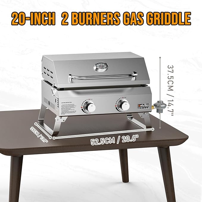 Tabletop Gas Griddle with Lid & Foldable Legs, 2-Burner BBQ Propane Flat Top Griddle, Portable Grill Stove for Outdoor Cooking Patio Party Camping Tailgating RV, Stainless Steel, GS318