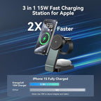 3-in-1 Wireless Charging Station for Apple Devices, Qi2 Certified 15W Charger Stand, Magnetic Foldable Fast Charger for iPhone 17/16/15/14/13/12, Apple Watch, AirPods (30W USB-C Charger Included)