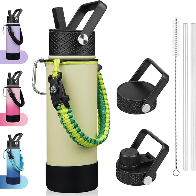 BJPKPK Insulated Water Bottle with Straw Lid, 22oz Thermo Water Bottles with 3 Lids, Paracord Handle & Non-slip Boot, BPA Free Leak Proof Stainless Steel Tumblers,Macaron Green