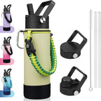 BJPKPK Insulated Water Bottle with Straw Lid, 22oz Thermo Water Bottles with 3 Lids, Paracord Handle & Non-slip Boot, BPA Free Leak Proof Stainless Steel Tumblers,Macaron Green