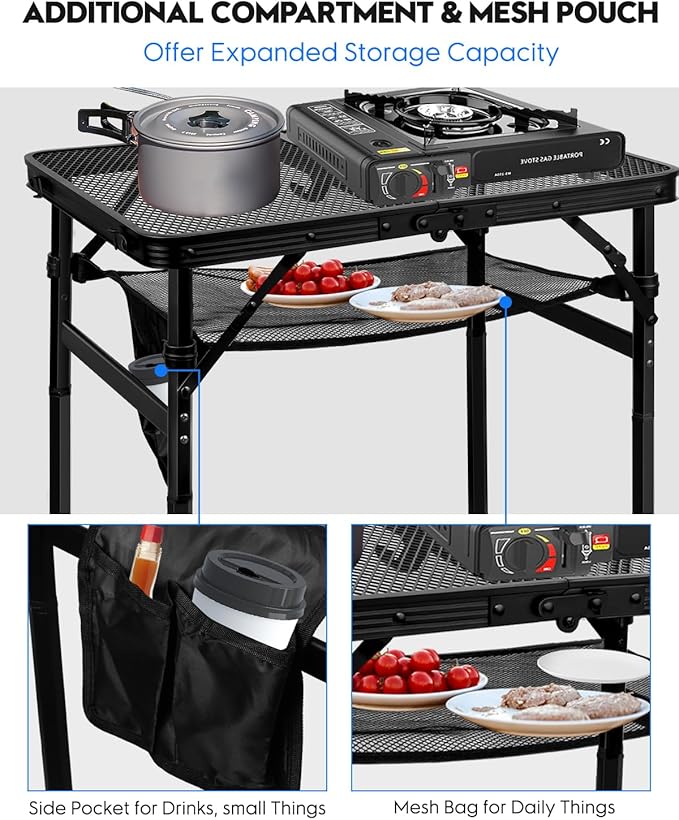 MSDADA Folding Grill Table, Height Adjustable Aluminum Table with Mesh Desktop and Mesh Bag, Portable Grill Table for Outdoor Camping, Picnic, Patio, Dining, BBQ, Party, Black, 23.6×15.7 inch