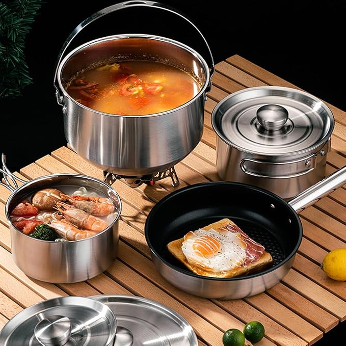 304 Stainless Steel Camping Cookware Set, Pots and Pans for Campfire Cooking, Includes Travel Tote Bag for 4-6 People