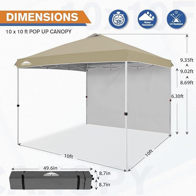 EAGLE PEAK Pop Up Canopy Tent with 1 Sidewall, Easy Setup Event Tent, Outdoor Sun Shade, Wheeled Carry Bag, Stakes and Guy Ropes, Instant Canopy 10x10, Light Beige
