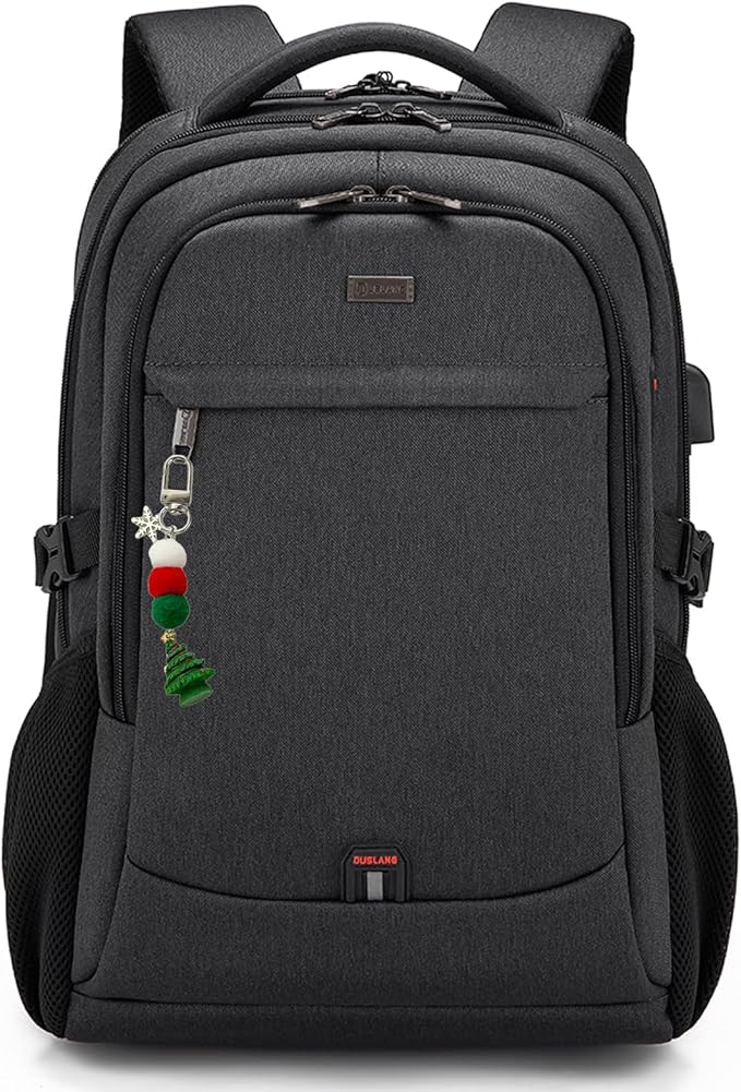 DUSLANG 17 Inch Laptop Backpack for Travel Water Resistant College Backpack for Men Women Laptop Bag with USB Charging Port Key Hanging Ornament Christmas Decorative,Black