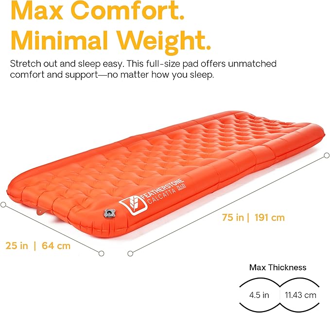 Featherstone Calcatta Air Sleeping Pad for Camping, Hiking, & Backpacking - Inflatable, Ultralight, Warm, 4 Season, & Comfortable - R-Value 5.6