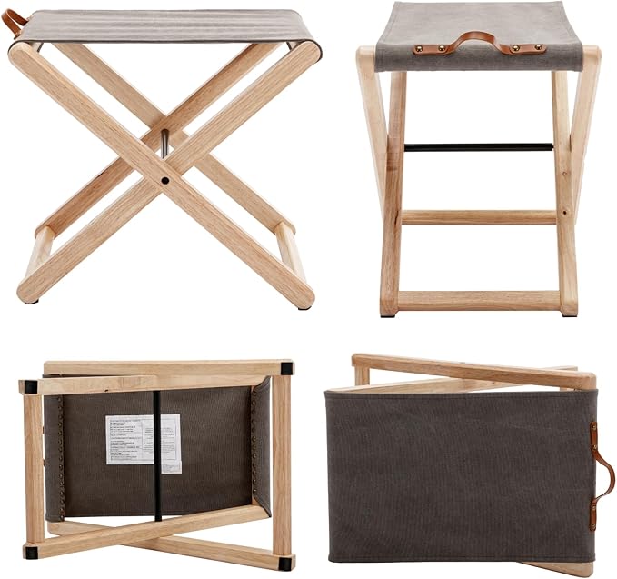 Folding Canvas Camp Stools Set of 4, Wood Folding Camping Stool Patio Portable Foot Stool for Garden Outdoor Fishing Picnic Travel BBQ, Grey