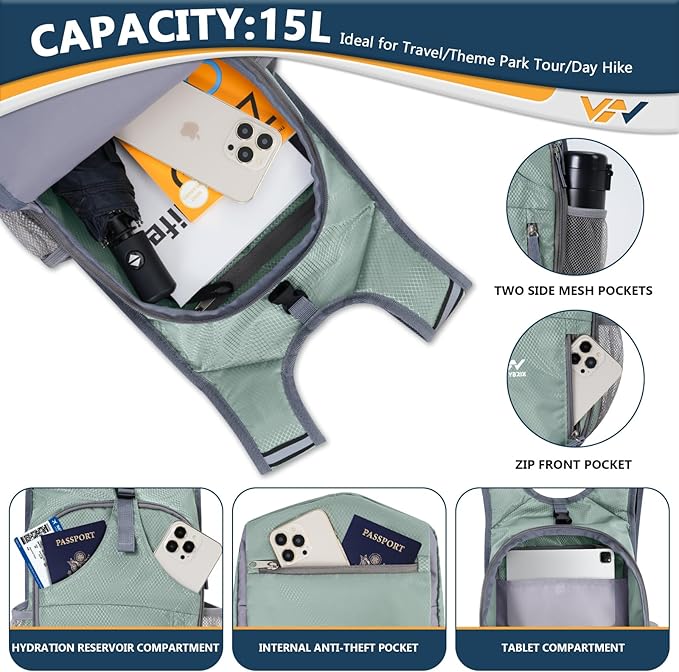 15L Hiking Backpack - Small Lightweight Packable Daypack Travel Outdoor Foldable Shoulder Bag Camping Hiking Backpack for Women Men - Grey