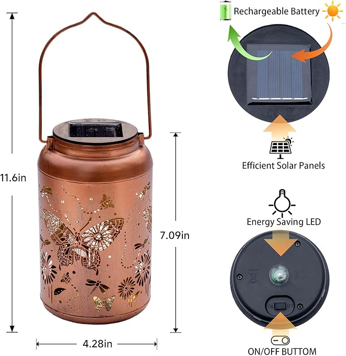 Solar Lanterns Outdoor Butterfly Hanging Solar Lights Butterfly Christmas Gifts for Women Mom Metal Lantern Waterproof LED Decorative Garden Light for Yard Patio Front Porch Outside Gardening Décor