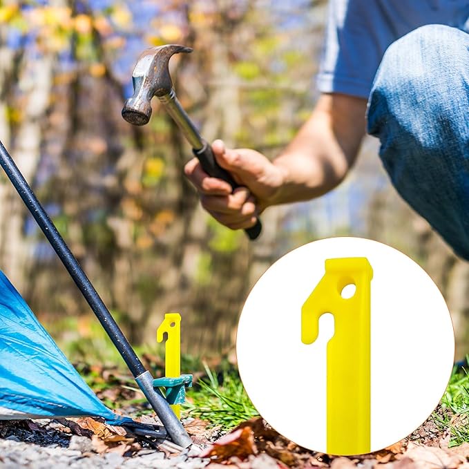 30 PCS Plastic Tent Stakes, 8.85 Inch Heavy Duty Plastic Canopy Stakes for Camping, Beach, Garden & Outdoor Decorations, Lightweight Rust-Proof Sand Anchors, Colorful Yard Inflatable Stakes (Yellow)