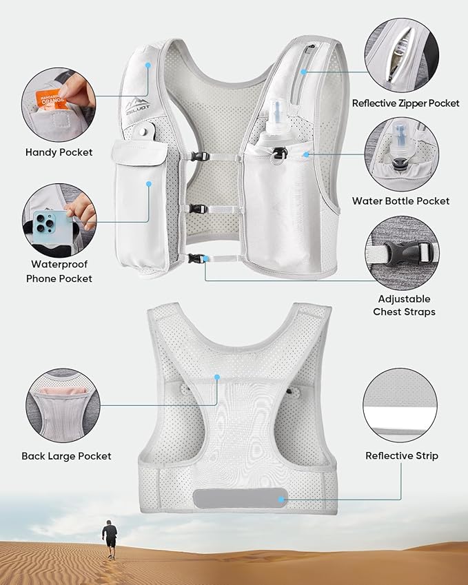 Running Vest for Women Men, USA Original Patent, Adjustable Chest Straps Running Hydration Vest with 500ml Soft Flask, Lightweight Reflective Hydration Backpack for Marathon