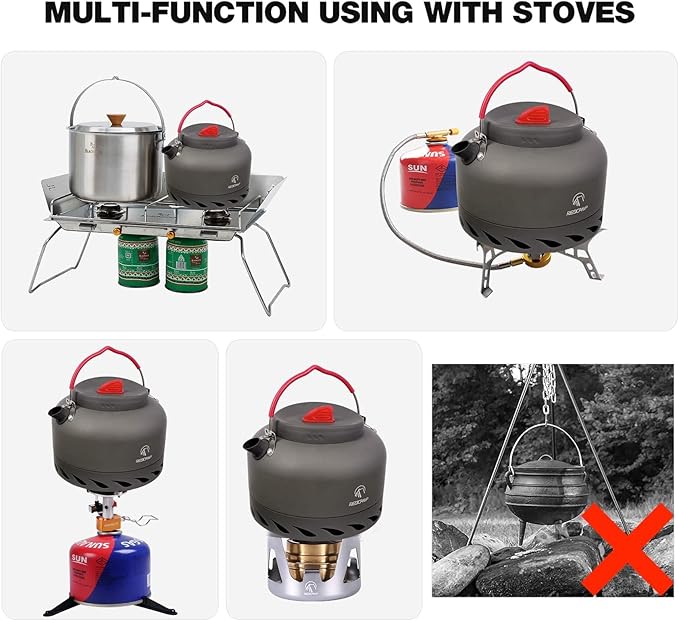 REDCAMP 1.4L Outdoor Camping Kettle with Heat Exchanger, Aluminum Camp Tea Kettle with Carrying Bag, Compact Lightweight Coffee Pot