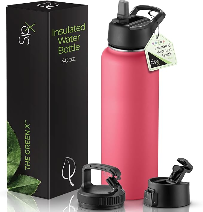 SipX™ Triple-Insulated Stainless Steel Water Bottle 40oz. With 3 Lids, BPA-Free Reusable Insulated Water Bottle Keeps Cold 24 Hours, Metal Water Bottle Made Of Sustainable Material For Hiking & Biking