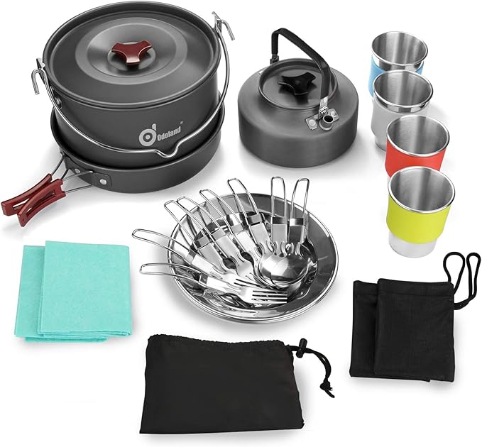 Odoland 22pcs Camping Cookware Mess Kit, Large Size Hanging Pot Pan Kettle with Base Cook Set for 4, Cups Dishes Forks Spoons Kit for Outdoor Camping Hiking Picnic