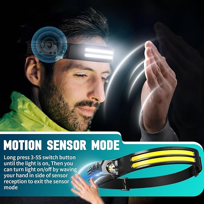 Rechargeable Headlamp 8 Pack, LED Headlight Flashlight Super Bright with 230° Wide Beam, Motion Sensor, 5 Modes Waterproof Head Lamp for Outdoor Hiking Running Camping