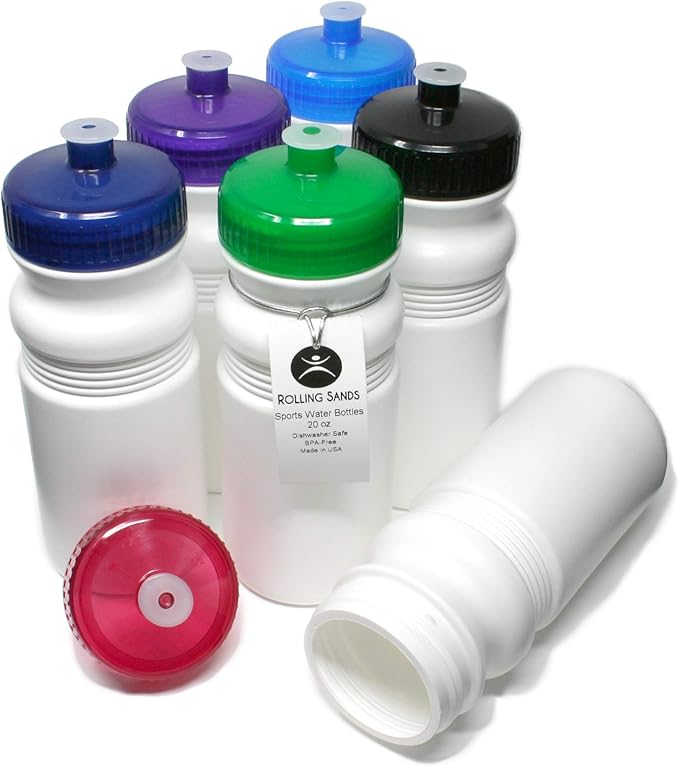 Rolling Sands USA Made 20 Ounce Sports Water Bottles - 6-Pack BPA-Free Blank Sports Bottles for Small Teams, Adults & Kids - White Bottle/Variety Lid, No Smell No Taste
