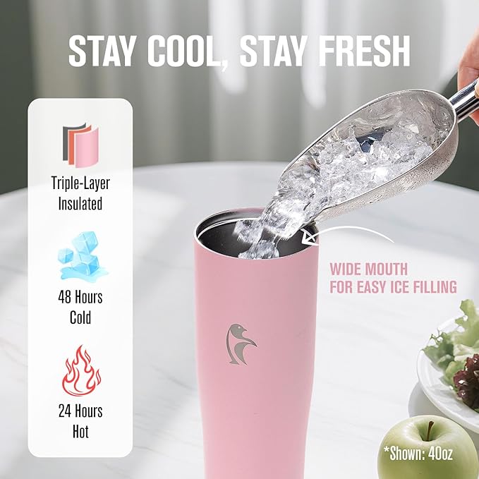 Coolflask Water Bottle 32 oz Fits Car Cup Holder, Slim Tumbler Stainless Steel with Straw & Handle, Vacuum Flask Leakproof Wide Mouth for Travel Sports Gym, Pink