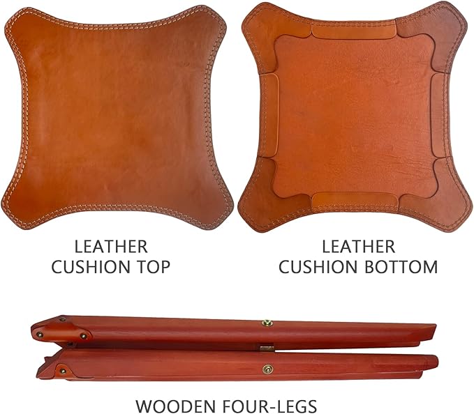 Leather Stool 4-Legs, Portable Beech Wood Artist Folding Stool, Italian Top Vegetable Tanned Leather Seat, Home Fashion Genuine Leathers Director’s Stool for Home Outdoor Camping Fishing