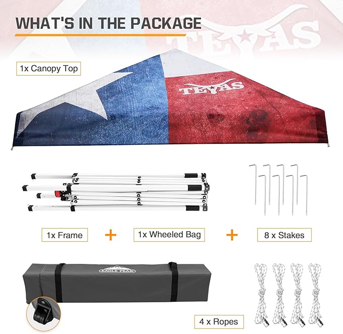 EAGLE PEAK 10x10 Slant Leg Pop-up Canopy Tent Easy One Person Setup Instant Outdoor Beach Canopy Folding Portable Sports Shelter 10x10 Base 8x8 Top (Texas Pride)