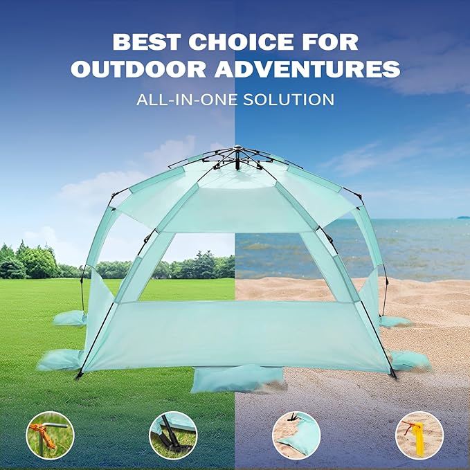 Beach Tent for 3-4 People, Pop-Up Beach Tent Automatic Setup, UV Protection, Extendable Floor, Ventilating Windows, Portable Outdoor Sun Shelter, Green