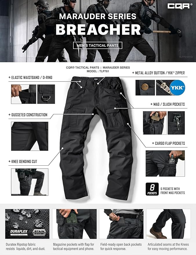 CQR Men's Flex Ripstop Tactical Pants, Water Resistant Stretch Cargo Pants, Lightweight EDC Hiking Work Pants